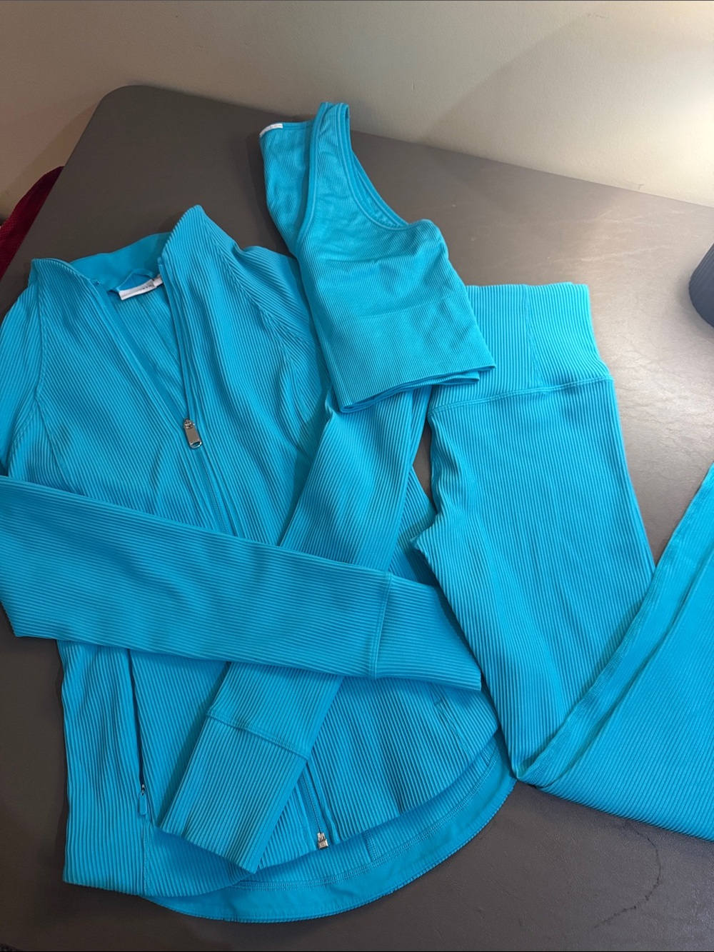 Athleta Teal Ribbed Active Jacket, Leggings and tank Set